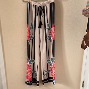 Flying Tomato Cream Wide-Leg Pants with Pink Floral Panels & Black Stripes